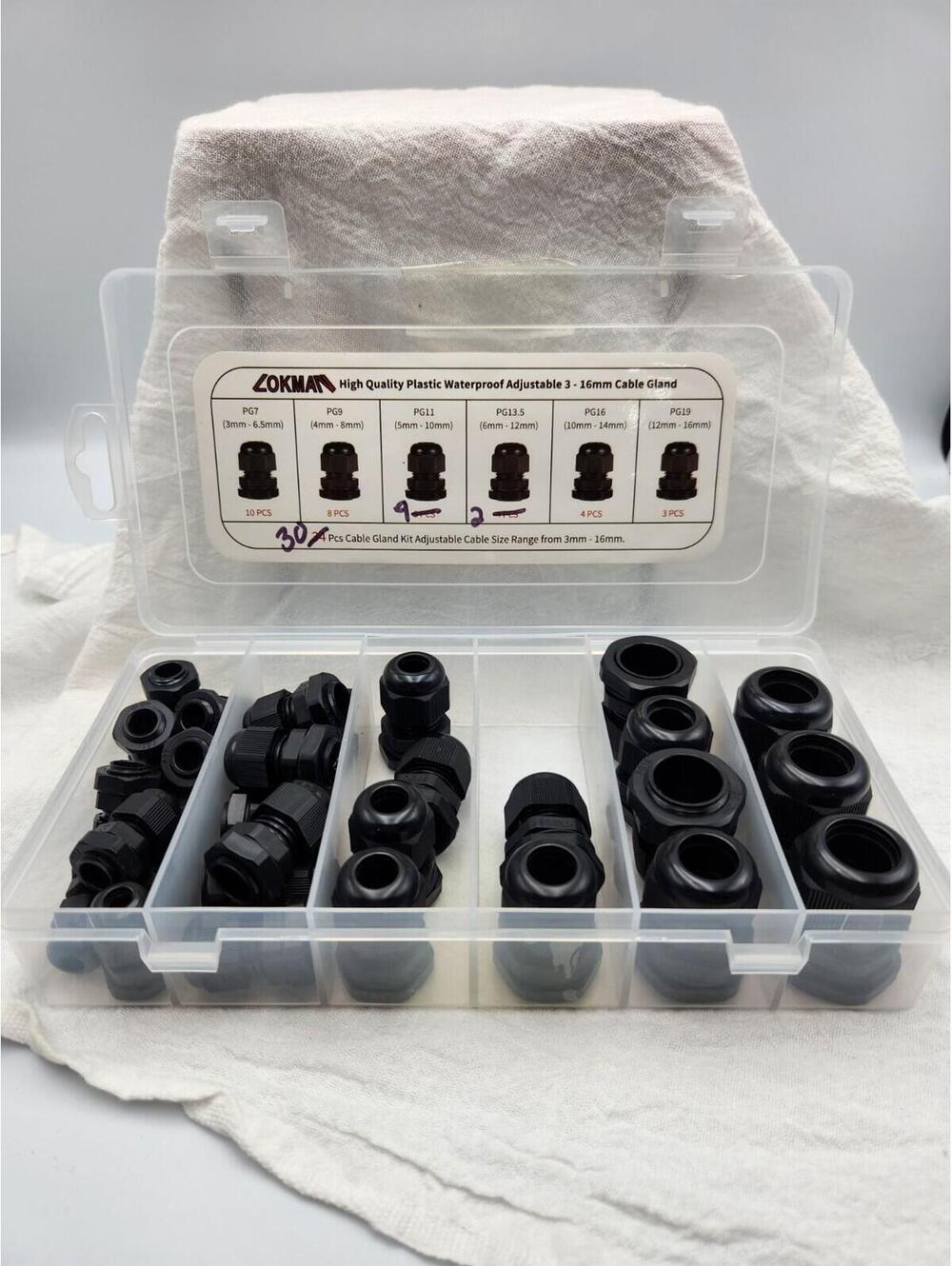 30 Pcs Cable Gland Kit 3-6.5, 4-8, 5-10, 6-12, 10-14 & 12-16 mm Connectors P2